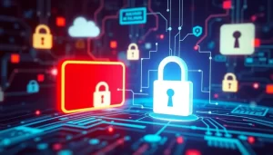 Hình ảnh thể hiện an ninh mạng với các biểu tượng bảo mật và tường lửa.