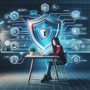 A scene depicting a blogger using a proxy service to enhance security and speed.