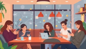 Hình ảnh một nhóm người đa dạng đang sử dụng các thiết bị của họ trong một quán cà phê, phản ánh kết nối nhanh chóng qua dịch vụ proxy.