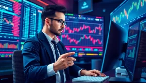 Bàn giao dịch forex hiện đại với biểu đồ và công nghệ cao.