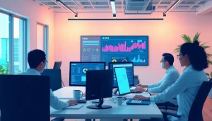 Cảnh một nhóm làm việc trong văn phòng hiện đại sử dụng công nghệ để tối ưu hóa hiệu suất làm việc.