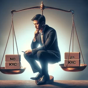 Mô tả quá trình quyết định về dịch vụ proxy không cần KYC với các biểu tượng cân bằng.