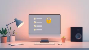 Không gian làm việc số với biểu tượng an toàn khi duyệt website.