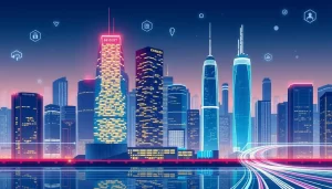 Một thành phố hiện đại phản ánh sự sáng tạo và thông tin liên lạc trong công nghệ.