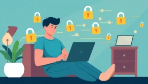 Hình ảnh người dùng máy tính xách tay sống động với hình ảnh bảo mật online.