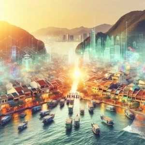 Khung cảnh thành phố ven biển Việt Nam hòa quyện cùng các yếu tố kỹ thuật số, biểu thị việc kết hợp công nghệ và văn hóa.