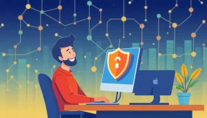 A happy user celebrating successful proxy setup with security symbolism.