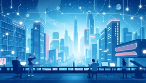 Hình ảnh mô tả một thành phố tương lai với kết nối internet an toàn và nhanh chóng.