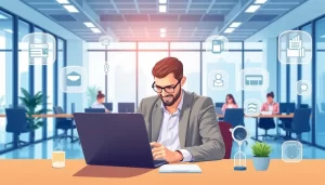 Mô tả một môi trường văn phòng hiện đại với người sử dụng dịch vụ proxy tốc độ cao.