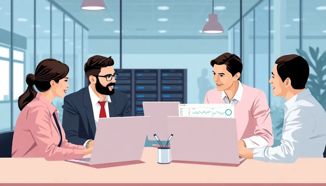 Hình ảnh một môi trường làm việc hiện đại, nơi mọi người đang thảo luận về dịch vụ VPS.