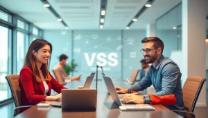 Khách hàng sử dụng công nghệ trong môi trường văn phòng hiện đại với dịch vụ VPS tốc độ cao.