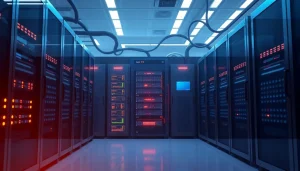 Phòng máy chủ hiện đại với các máy chủ VPS theo phong cách tương lai.