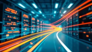 Một hình ảnh hấp dẫn thể hiện công nghệ internet tốc độ cao với máy chủ và mạng lưới hiện đại.