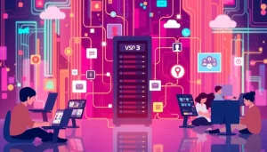 Mô tả hình ảnh về sự kết nối của các máy chủ VPS với người dùng, đại diện cho hiệu suất trong SEO.