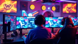 Bức tranh mô tả một không gian chơi game hiện đại và sống động.