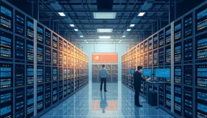 Hình ảnh của một trung tâm dữ liệu hiện đại với các máy chủ và nhân viên kỹ thuật làm việc chăm chỉ.