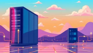 Khung cảnh hiện đại về công nghệ điện toán đám mây và máy chủ ảo.