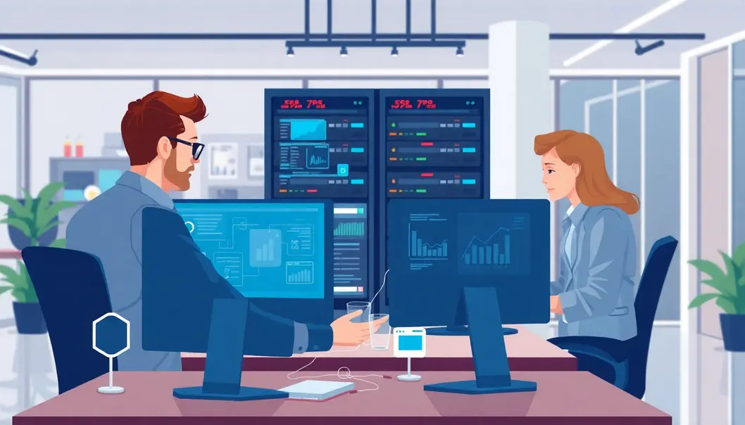 Hình ảnh minh họa tầm quan trọng của VPS server vật lý cho doanh nghiệp, với nhân viên phân tích dữ liệu.