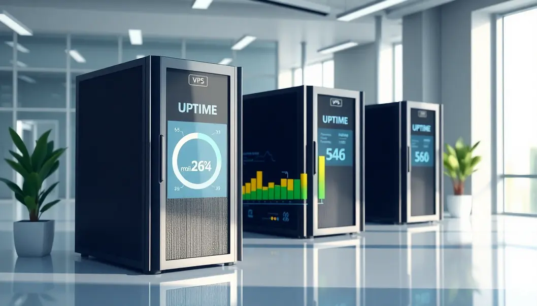 Hình ảnh trực quan của một máy chủ VPS với các màn hình hiển thị thông số uptime.